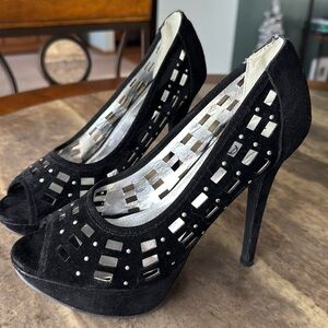 Black suede peep-toe stiletto heels - size 8